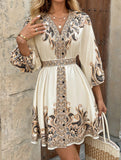 Printed V-neck three-quarter sleeve tie-waist dress