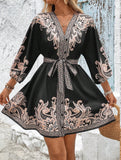 Printed V-neck three-quarter sleeve tie-waist dress