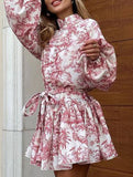 Retro lace-up print dress