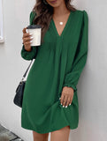 Casual V-neck pleated long-sleeved dress