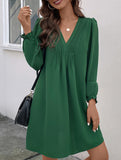 Casual V-neck pleated long-sleeved dress