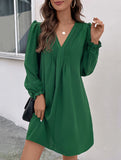 Casual V-neck pleated long-sleeved dress