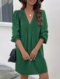 Casual V-neck pleated long-sleeved dress