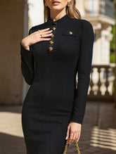 Button-button textured knitted jacquard hip dress