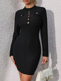 Button-button textured knitted jacquard hip dress