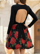 Printed round neck long-sleeved open-back dress