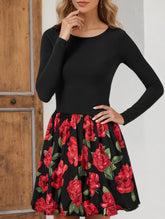 Printed round neck long-sleeved open-back dress