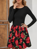 Printed round neck long-sleeved open-back dress