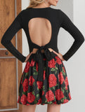 Printed round neck long-sleeved open-back dress