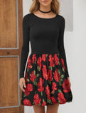Printed round neck long-sleeved open-back dress