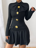 Bowknot half-high collar long-sleeved dress