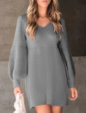 V-neck puff sleeve solid color knitted sweater dress