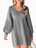 V-neck puff sleeve solid color knitted sweater dress