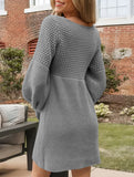V-neck puff sleeve solid color knitted sweater dress