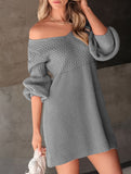 V-neck puff sleeve solid color knitted sweater dress