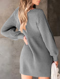 V-neck puff sleeve solid color knitted sweater dress
