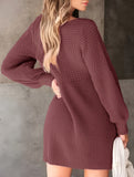 V-neck puff sleeve solid color knitted sweater dress