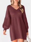 V-neck puff sleeve solid color knitted sweater dress