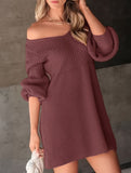 V-neck puff sleeve solid color knitted sweater dress