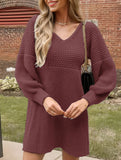 V-neck puff sleeve solid color knitted sweater dress