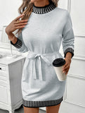 Casual striped half-high collar contrast sweater dress