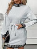 Casual striped half-high collar contrast sweater dress
