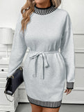 Casual striped half-high collar contrast sweater dress