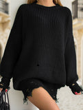 Round neck and ripped hem loose knit sweater