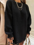 Round neck and ripped hem loose knit sweater