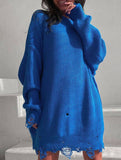 Round neck and ripped hem loose knit sweater