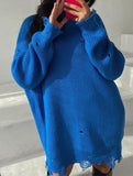 Round neck and ripped hem loose knit sweater