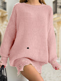 Round neck and ripped hem loose knit sweater