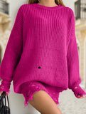 Round neck and ripped hem loose knit sweater