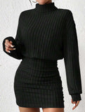 Bodycon Long-Sleeved High-Neck Ribbed Knit Dress