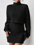 Bodycon Long-Sleeved High-Neck Ribbed Knit Dress