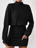 Bodycon Long-Sleeved High-Neck Ribbed Knit Dress