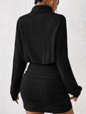 Bodycon Long-Sleeved High-Neck Ribbed Knit Dress