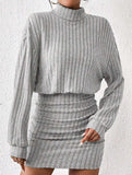 Bodycon Long-Sleeved High-Neck Ribbed Knit Dress