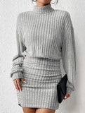 Bodycon Long-Sleeved High-Neck Ribbed Knit Dress