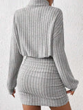 Bodycon Long-Sleeved High-Neck Ribbed Knit Dress