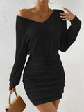 brushed ribbed V-neck long-sleeved bodycon dress