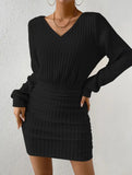 brushed ribbed V-neck long-sleeved bodycon dress