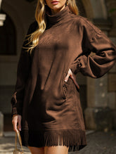 High-neck loose-fitting tassel long-sleeved dress