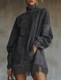 High-neck loose-fitting tassel long-sleeved dress