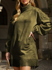 High-neck loose-fitting tassel long-sleeved dress