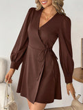 Retro waist tie long sleeve dress