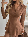 Solid color fitted waist long sleeve lapel dress