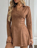 Solid color fitted waist long sleeve lapel dress