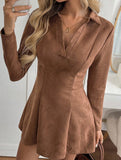 Solid color fitted waist long sleeve lapel dress