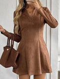 Solid color fitted waist long sleeve lapel dress
